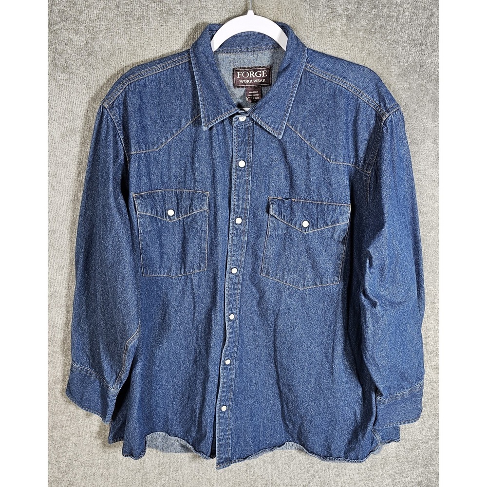 Forge Work Wear Denim Pearl Snap Shirt Mens Size XXL Blue Western Chest Pockets